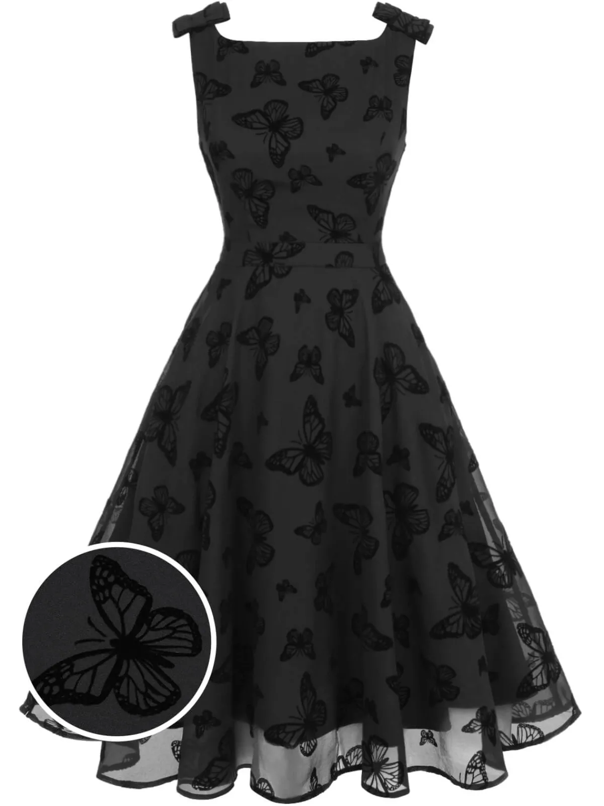 Fashion Retro Stage 1950s Butterfly Flocking Mesh Dress Black