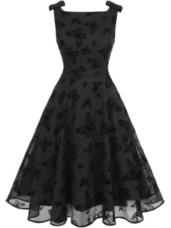 Fashion Retro Stage 1950s Butterfly Flocking Mesh Dress Black