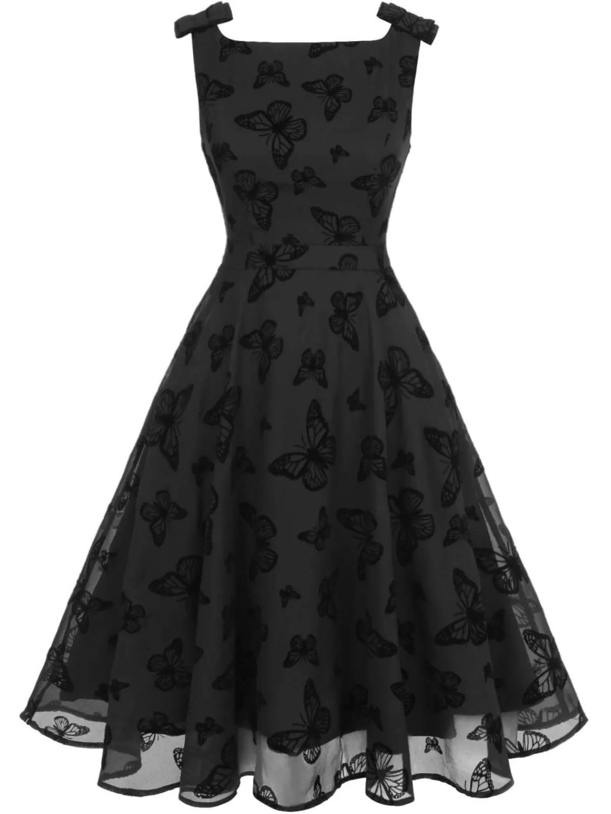Fashion Retro Stage 1950s Butterfly Flocking Mesh Dress Black
