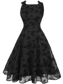 Fashion Retro Stage 1950s Butterfly Flocking Mesh Dress Black