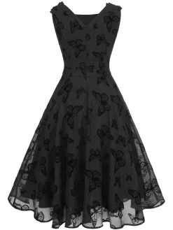 Fashion Retro Stage 1950s Butterfly Flocking Mesh Dress Black