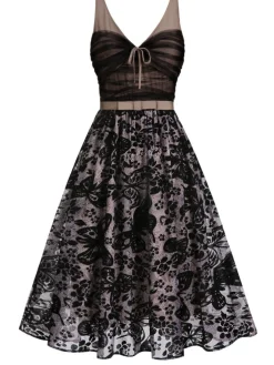 New Retro Stage 1950s Butterfly Mesh Stitching Dress Black