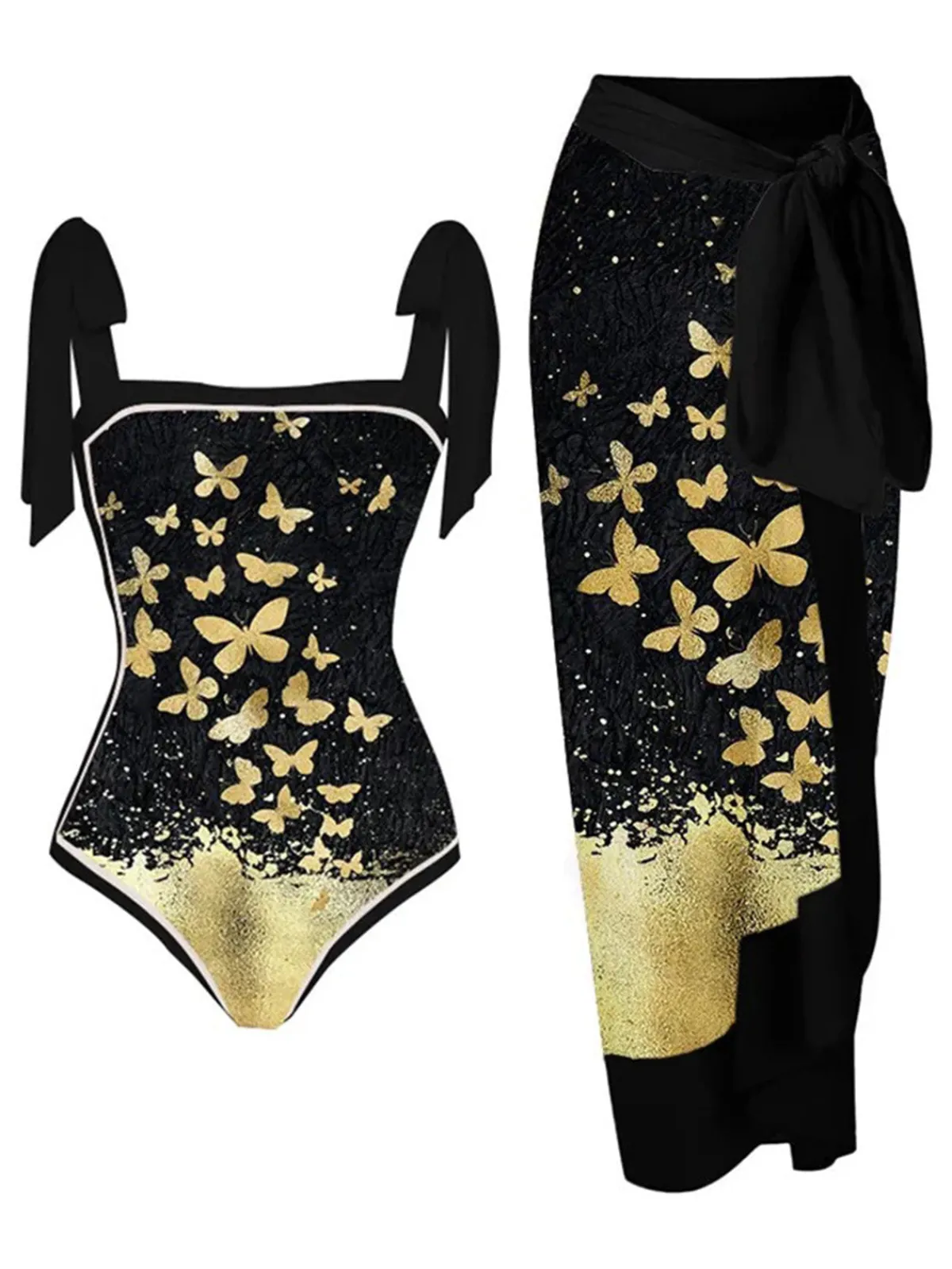Clearance Retro Stage 1950s Butterfly One-piece Swimsuit & Cover-up Black