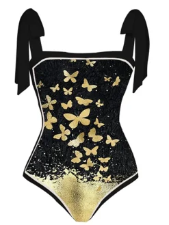Clearance Retro Stage 1950s Butterfly One-piece Swimsuit & Cover-up Black