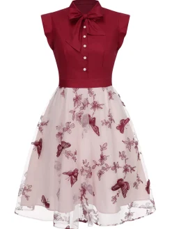 Online Retro Stage Black 1950s Butterfly Patchwork Vintage Dress