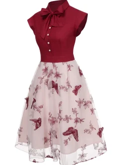 Online Retro Stage Black 1950s Butterfly Patchwork Vintage Dress