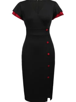 Outlet Retro Stage 1960s Button Slit Bodycon Dress Black