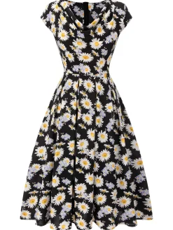 Clearance Retro Stage 1940s Cap Sleeve Daisy Dress Black