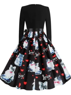 Fashion Retro Stage 1950s Cat Heart Belted Dress Black