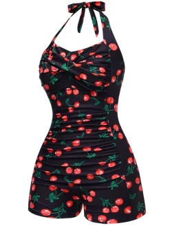Online Retro Stage 1940s Cherry Halter One-Piece Swimsuit Black