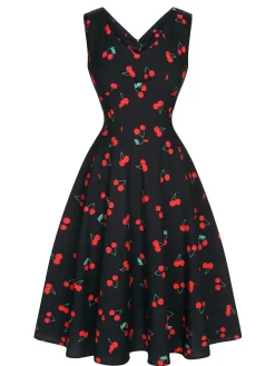 Best Retro Stage 1950s Cherry Sleeveless Dress Black