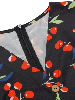New Retro Stage Black 1940s Cherry V-Neck Added Button Dress