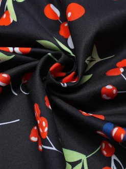 New Retro Stage Black 1940s Cherry V-Neck Added Button Dress