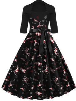 Sale Retro Stage 1950s Christmas Bow Swing Dress Black