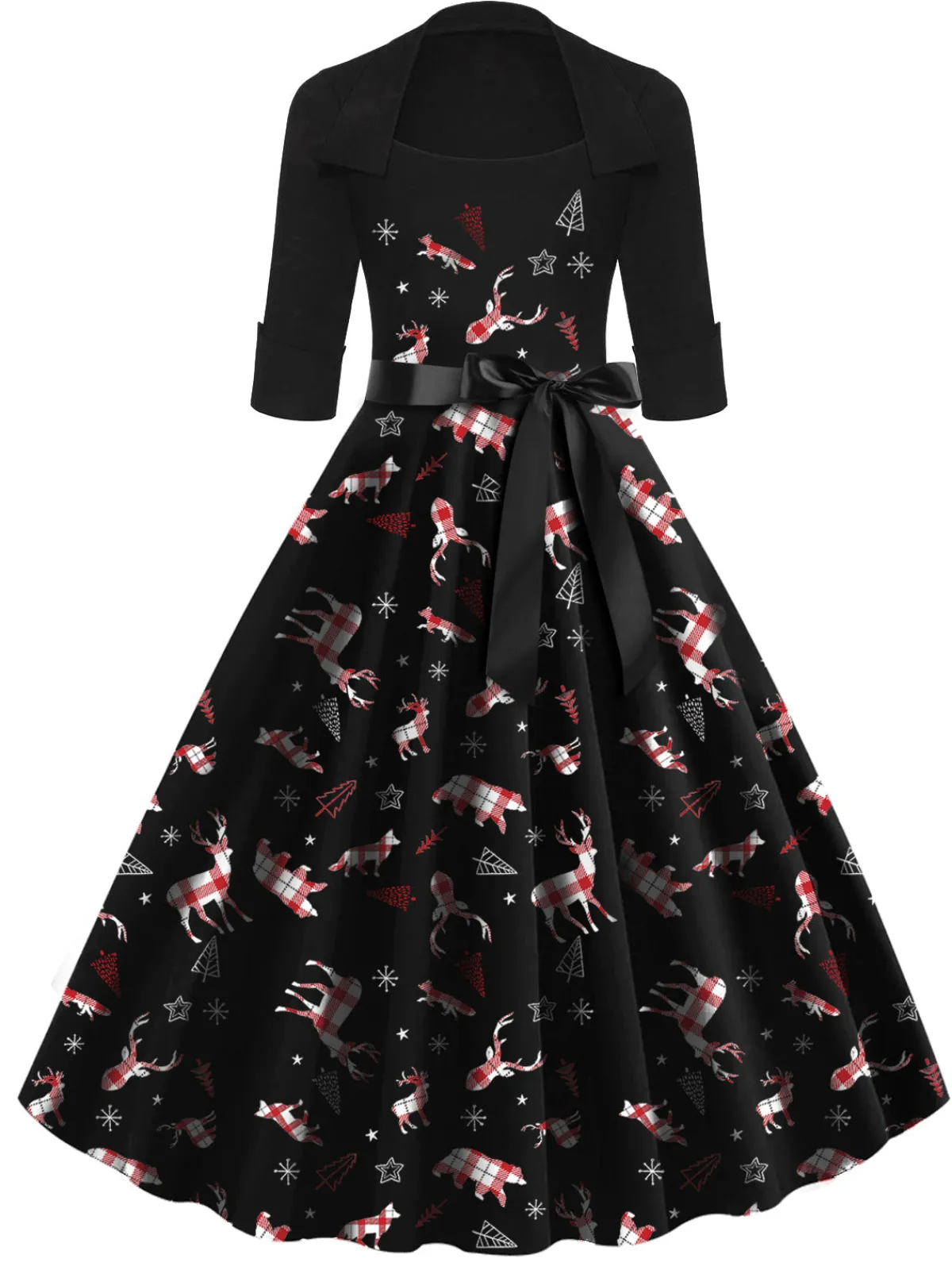 Sale Retro Stage 1950s Christmas Bow Swing Dress Black