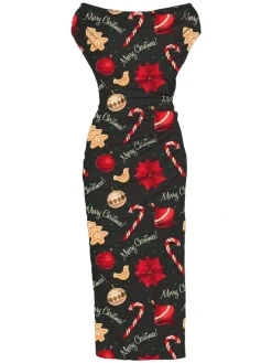 Clearance Retro Stage 1960s Christmas Cap Sleeve Slim Pleated Dress Black