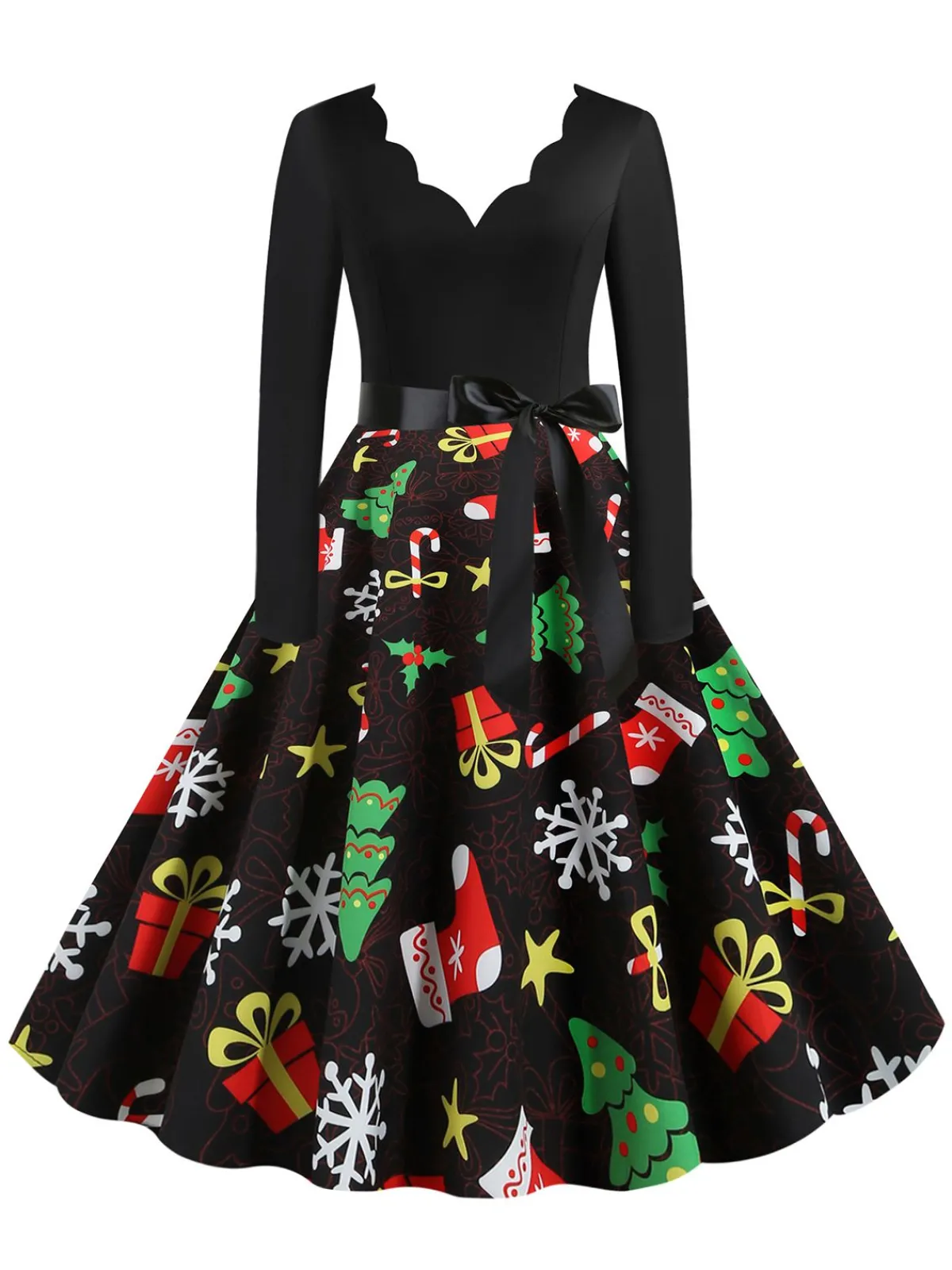 Clearance Retro Stage 1950s Christmas Gift Tree Belted Dress Black
