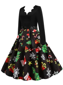 Clearance Retro Stage 1950s Christmas Gift Tree Belted Dress Black