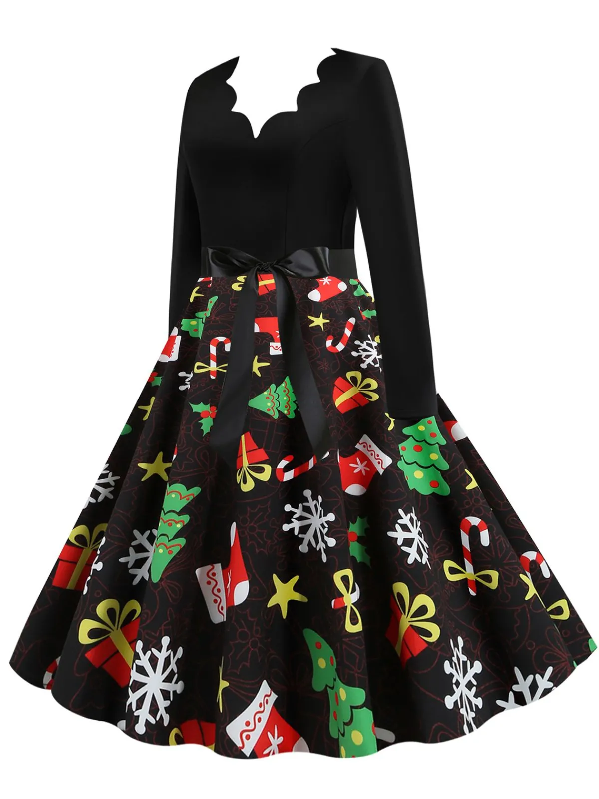 Clearance Retro Stage 1950s Christmas Gift Tree Belted Dress Black