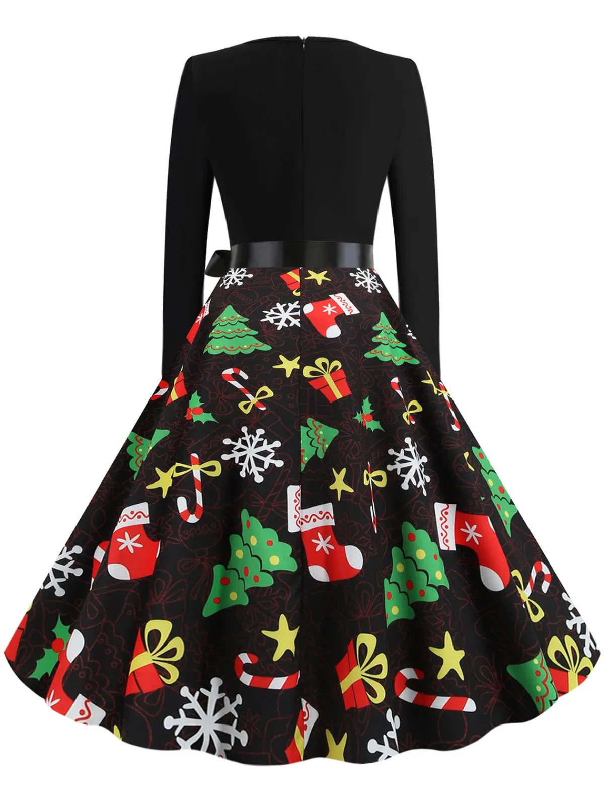 Clearance Retro Stage 1950s Christmas Gift Tree Belted Dress Black