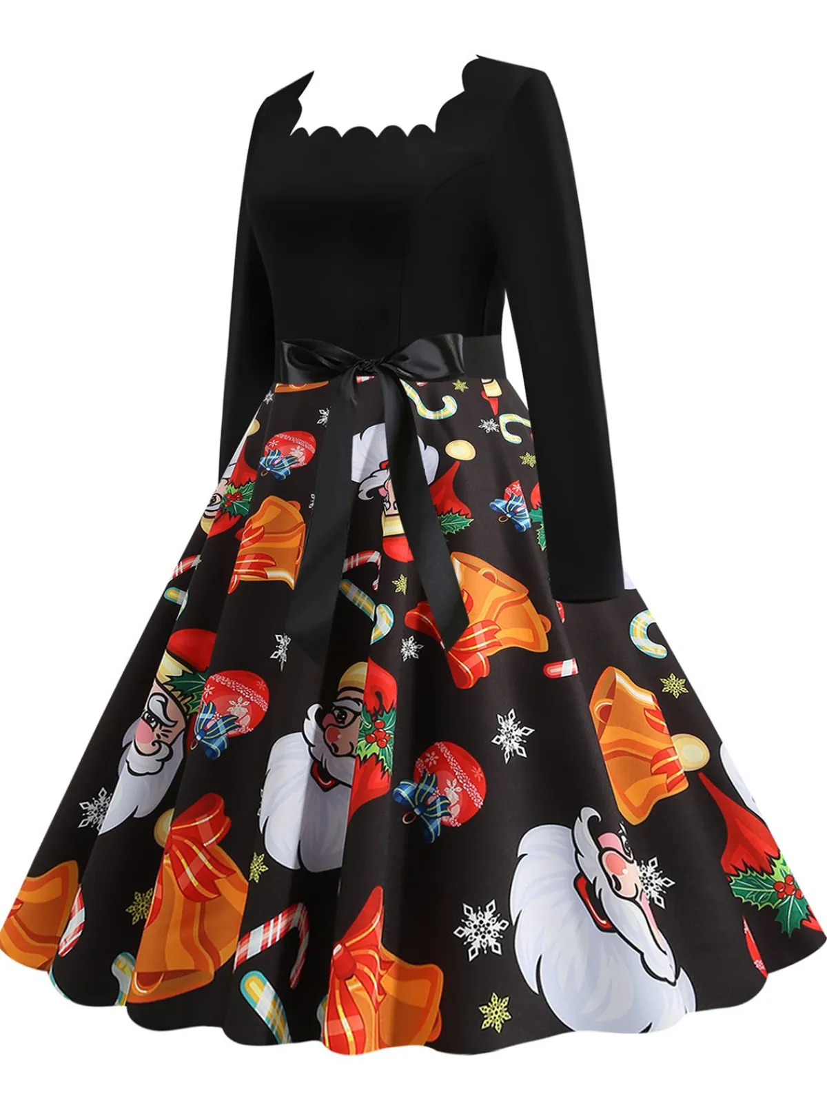 Discount Retro Stage 1950s Christmas Santa Belted Dress Black