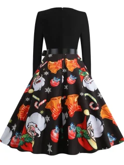 Discount Retro Stage 1950s Christmas Santa Belted Dress Black