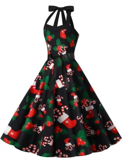 Discount Retro Stage 1950s Christmas Santa Socks Halter Dress Black