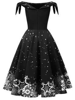 Fashion Retro Stage Black 1950s Christmas Snowflake Off-Shoulder Dress