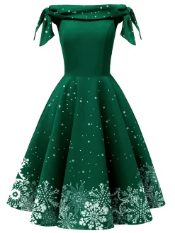 Fashion Retro Stage Black 1950s Christmas Snowflake Off-Shoulder Dress