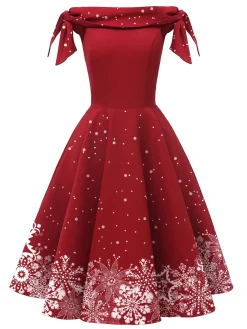 Fashion Retro Stage Black 1950s Christmas Snowflake Off-Shoulder Dress