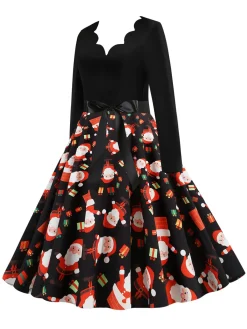 New Retro Stage 1950s Christmas V-Neck Santa Claus Dress Black