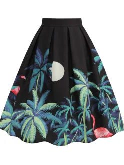 Best Retro Stage 1950s Coconut Trees Flamingo Swing Skirt Black