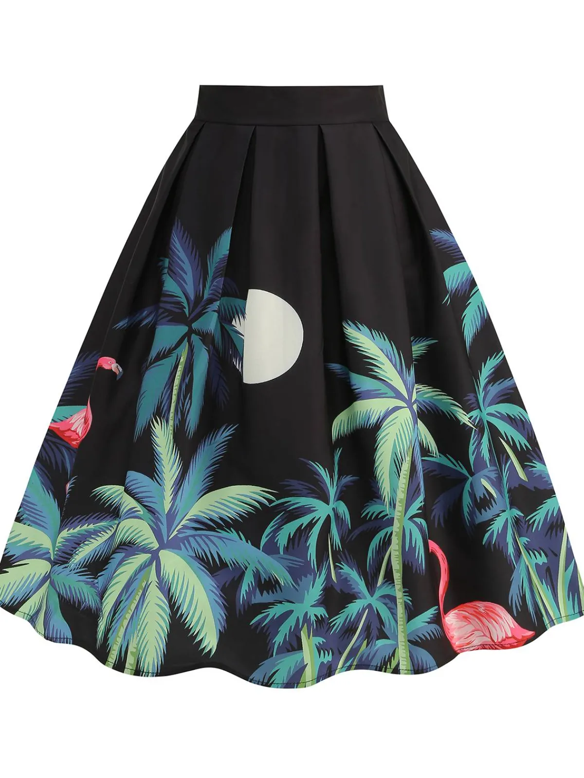 Best Retro Stage 1950s Coconut Trees Flamingo Swing Skirt Black