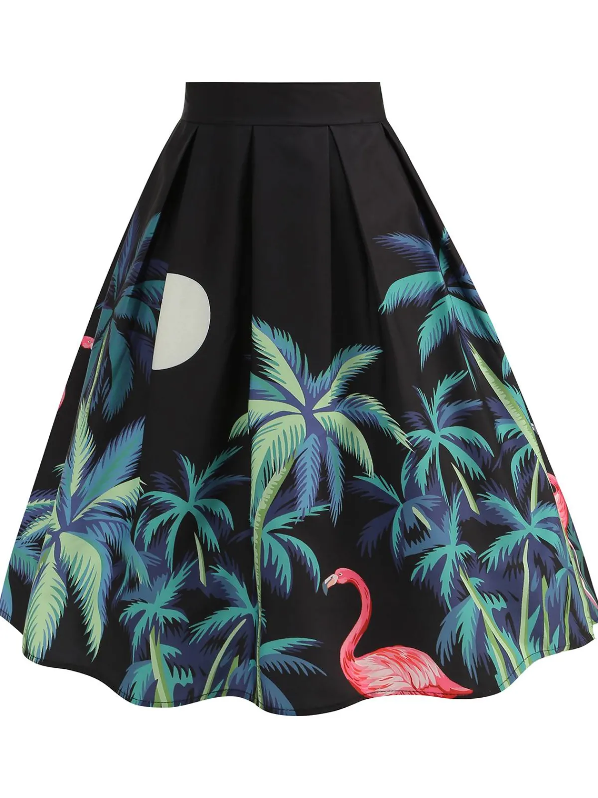 Best Retro Stage 1950s Coconut Trees Flamingo Swing Skirt Black