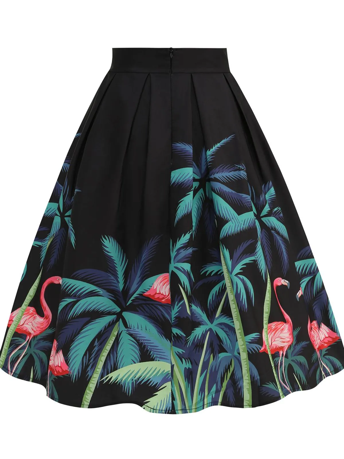 Best Retro Stage 1950s Coconut Trees Flamingo Swing Skirt Black