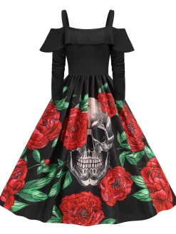 Hot Retro Stage 1950s Cold-Shoulder Halloween Skull Roses Dress Black
