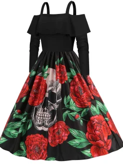 Hot Retro Stage 1950s Cold-Shoulder Halloween Skull Roses Dress Black