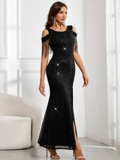 Online Retro Stage 1920s Cold-Shoulder Split Sequined Dress Black