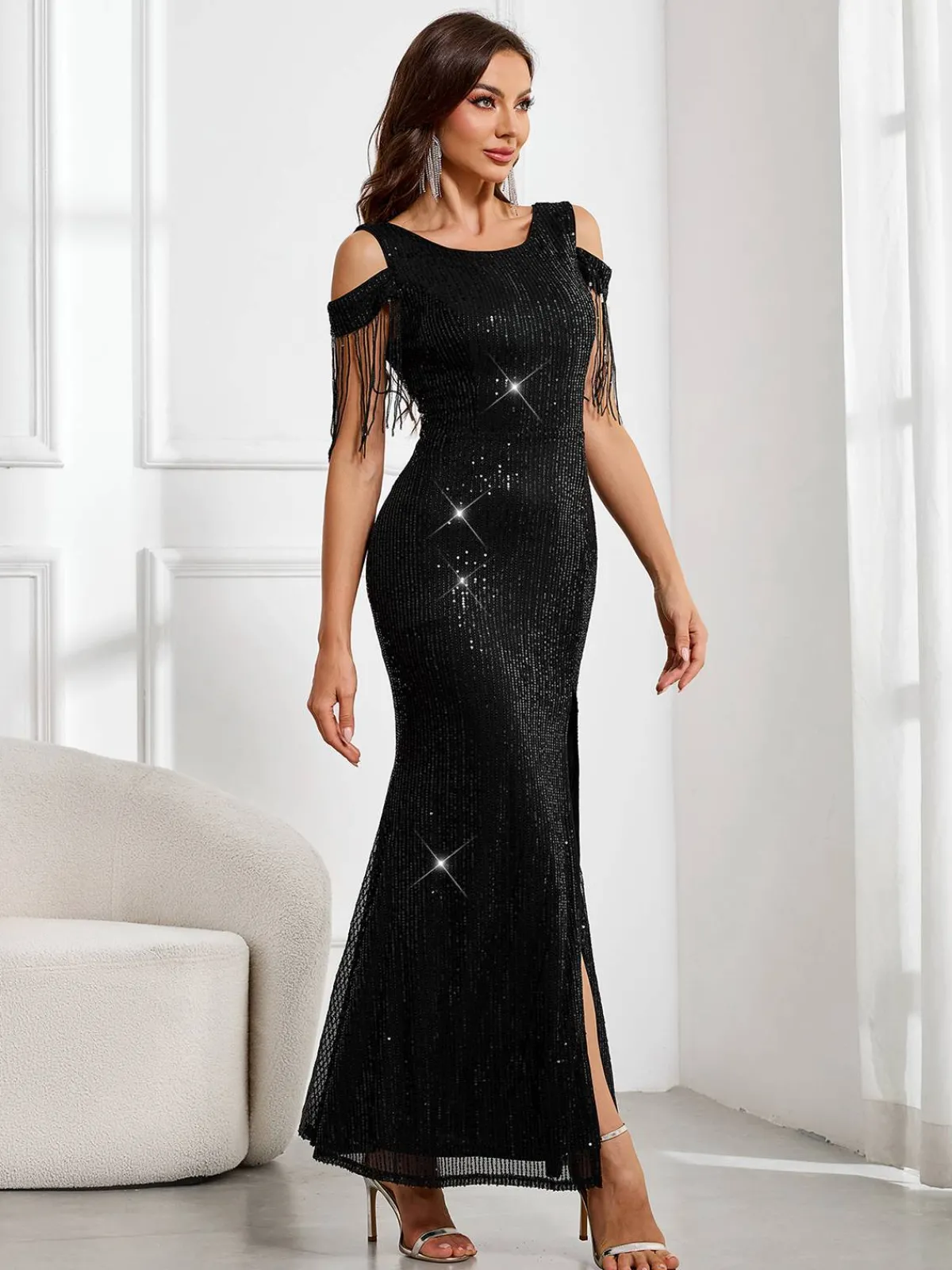 Online Retro Stage 1920s Cold-Shoulder Split Sequined Dress Black