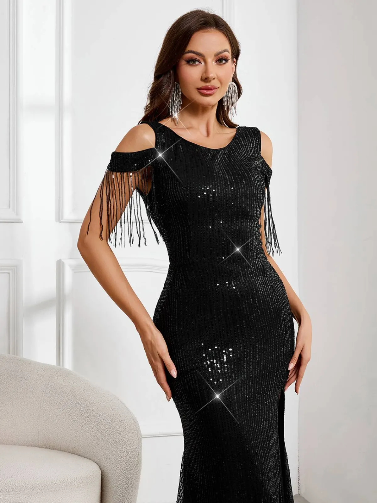 Online Retro Stage 1920s Cold-Shoulder Split Sequined Dress Black