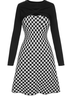 Hot Retro Stage 1940s Contrast Plaid Patchwork Dress Black