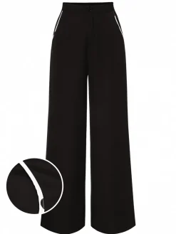 Fashion Retro Stage 1950s Contrast Trim Straight-Leg Pants Black