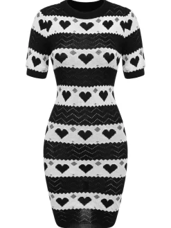 Sale Retro Stage Black 1960s Contrasting Heart Knitting Dress