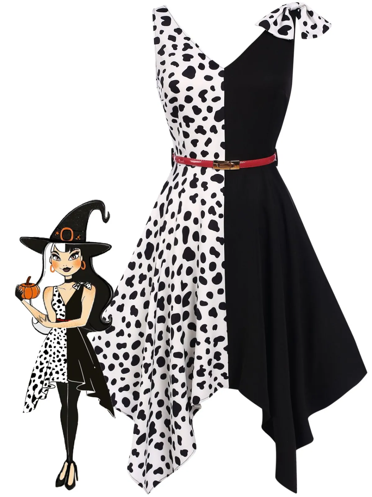 Best Retro Stage 1970s Cow Spots Patchwork Dress Black