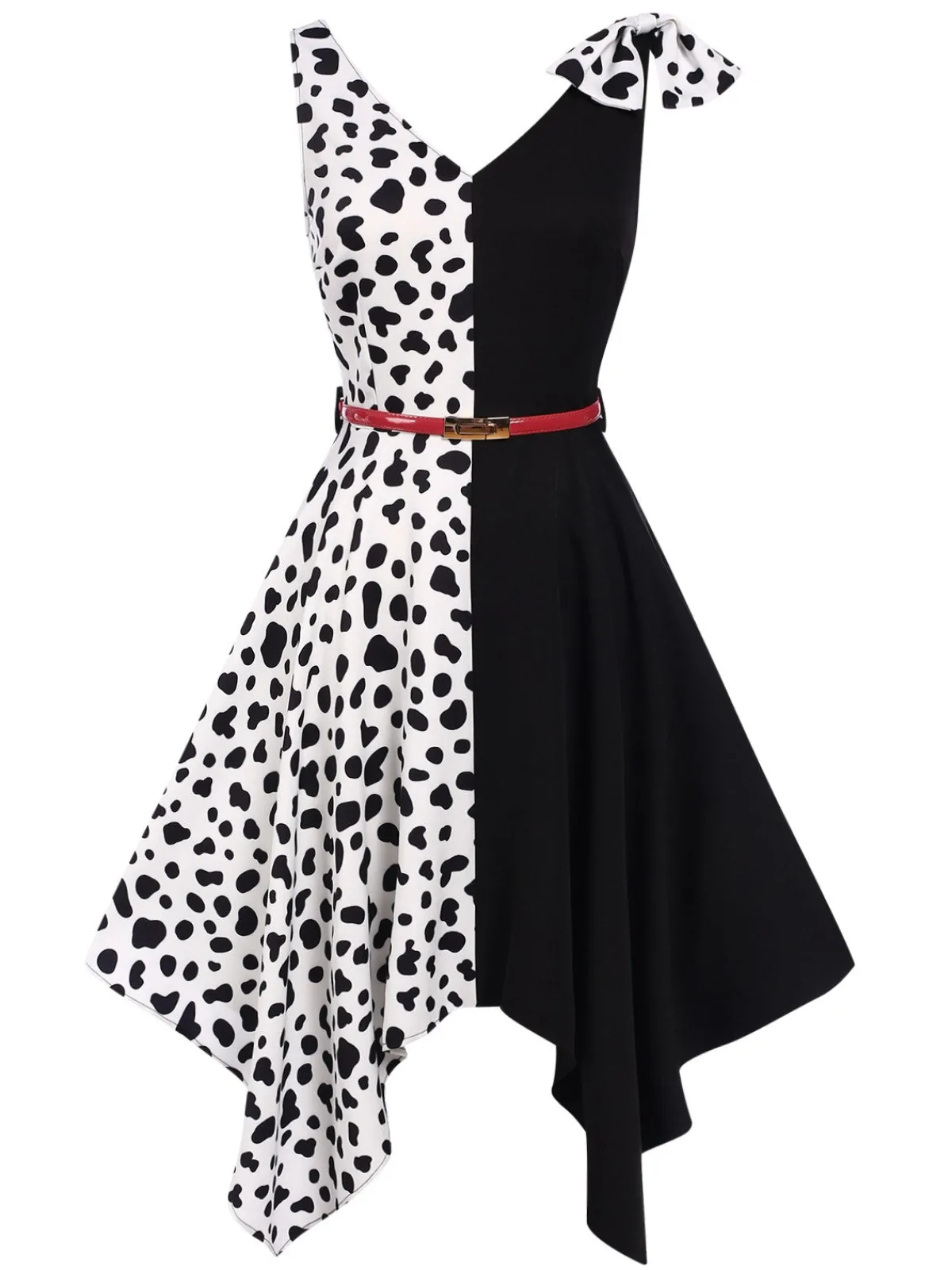 Best Retro Stage 1970s Cow Spots Patchwork Dress Black