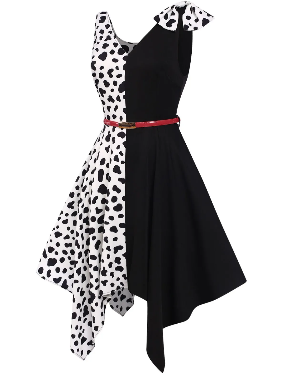 Best Retro Stage 1970s Cow Spots Patchwork Dress Black