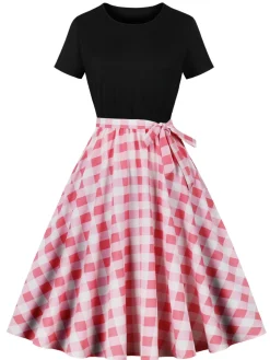 Clearance Retro Stage Black 1950s Crew Neck Patchwork Swing Dress