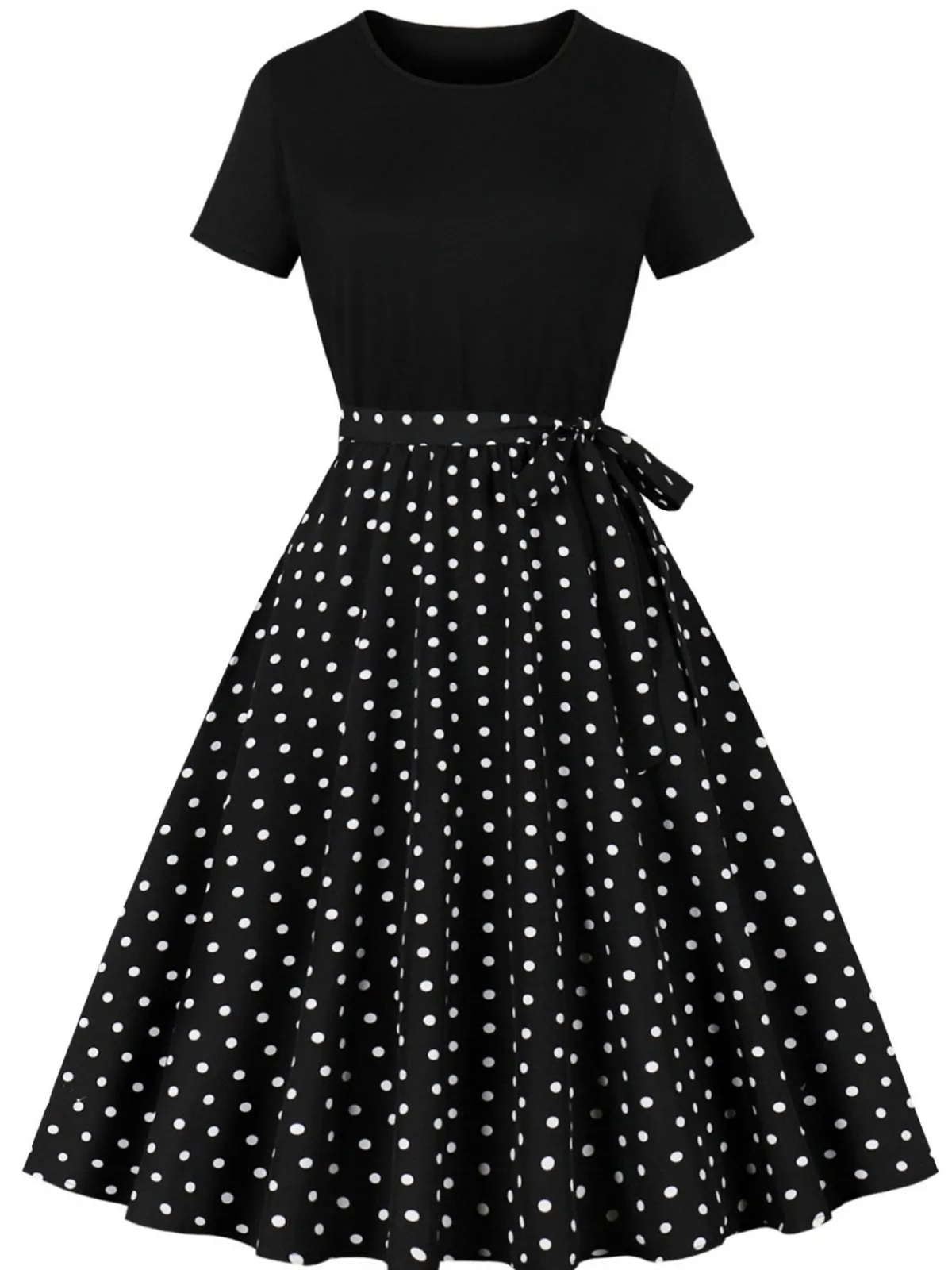 Clearance Retro Stage Black 1950s Crew Neck Patchwork Swing Dress