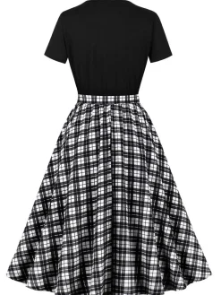 Clearance Retro Stage Black 1950s Crew Neck Patchwork Swing Dress