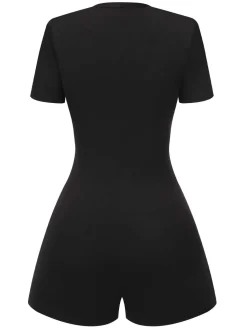 Fashion Retro Stage 1950s Cut-Out Buttoned Solid Romper Black